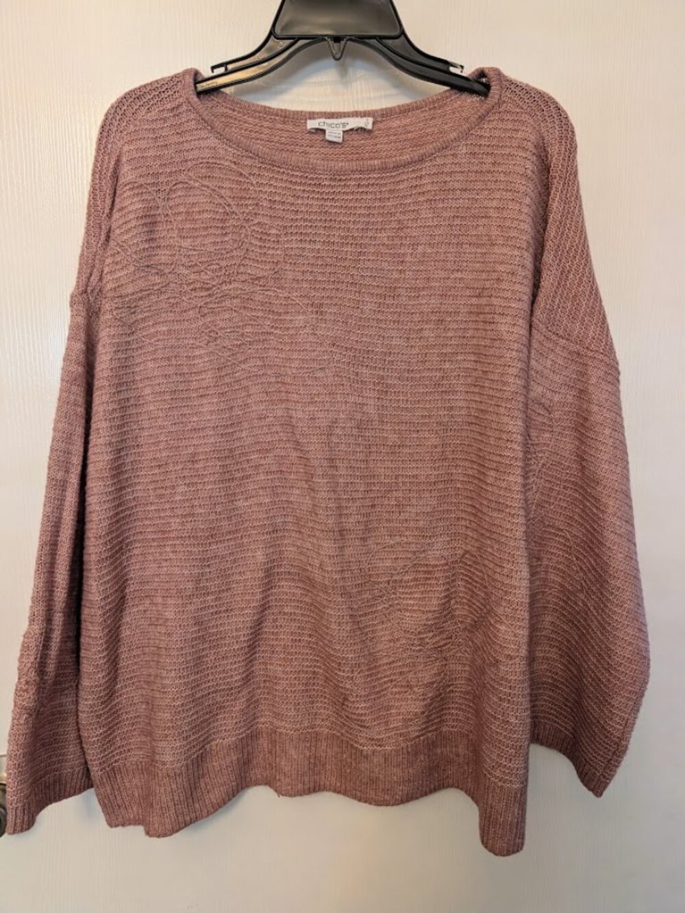 Chico's dusty pink L/S sweater with floral embellishment NWOT Size 3/XL